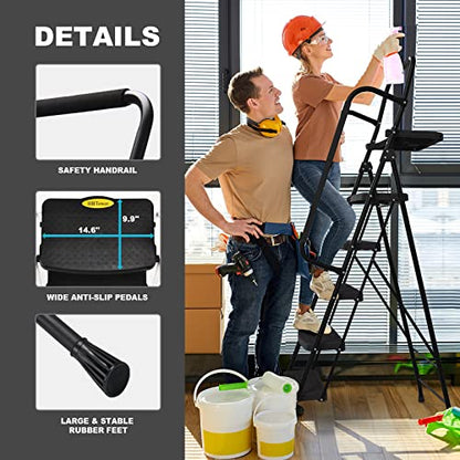 HBTower 5 Step Ladder, Folding Step Stool with Wide Anti-Slip Pedal, Tool Tray & Handrails, 330lbs Capacity for Home and Kitchen, Black - color: Black, size: 5 Step Ladder
