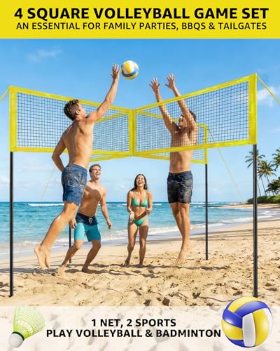 VICHTOP 4 Square Volleyball Game Set - 4 Way Cross Net for Backyard & Beach, Portable Outdoor Volleyball Badminton Combo Net, 4 Person Four Square Volleyball Net with Carrying Bag