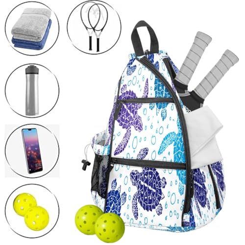 Print Pickleball Backpack Cute Hand Drawn Turtles | Padded 6-Paddle Compartment & Separate Shoe Bag | Multi-Pocket Sports & Gym Backpack for Tennis, Travel, Commute