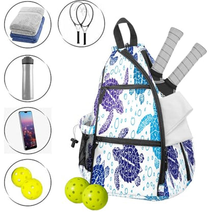 Print Pickleball Backpack Cute Hand Drawn Turtles | Padded 6-Paddle Compartment & Separate Shoe Bag | Multi-Pocket Sports & Gym Backpack for Tennis, Travel, Commute