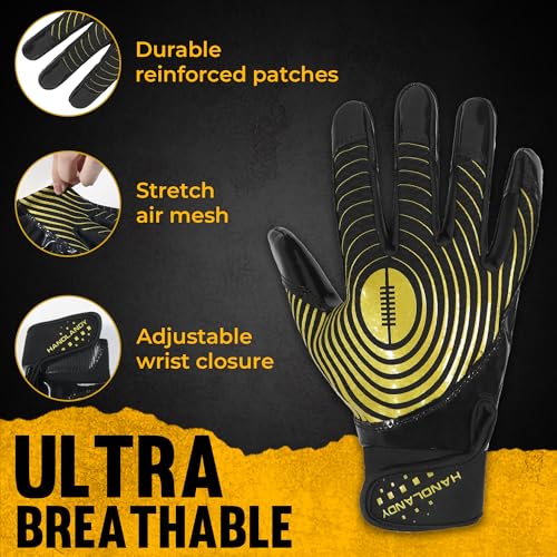 HANDLANDY Youth Football Gloves, Kids Sticky Receiver Gloves,Super Grip Football Glove Best Gift for Boys,Girls - color: Black and Amber, size: X-Small-Youth