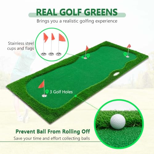 Golf Putting Green Mat 12x5 FT Indoor Outdoor Practice Training Aid with 3 Holes, Cups and Flags, Premium Turf, Slope Pads and Movable Cup for Home, Office, Backyard