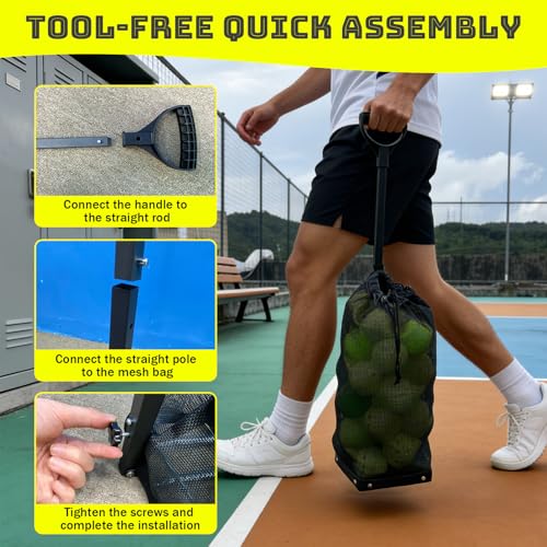 Lightweight Tennis Ball Hopper – Holds 50+ Tennis Balls or 40+ Pickleballs | Durable Steel Frame | Portable Adjustable Ball Picker for Hard Court, Clay, Grass - color: Black