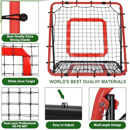 BaseGoal Baseball and Softball Rebounder Net,Baseball Rebounder,Volleyball Rebounder,Pitch Back Net,Multi-Sport Training Rebound Screen,with Pitching Target,Easy Adjustable Angles - style: 33.5x33.5 in Red