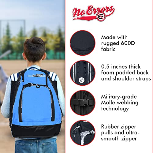 No Errors Sports RBP Rookie Baseball and Softball Backpack - Youth Baseball and Softball Bat Bag with Fence Hooks - Baseball and Softball Equipment Bag for Kids - color: Lt. Blue