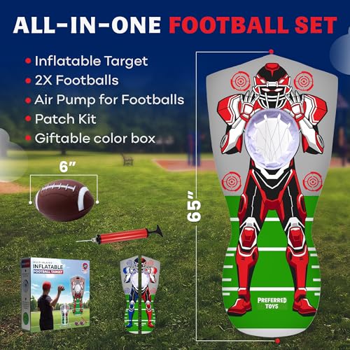Preferred Toys 65” Inflatable Football Target Net Toss Game - Double-Sided Throwing Practice Football Stuff with Mini Balls - Backyard Tailgate Party Sports Toy for Kids & Adults - color: Robot Red/Blue