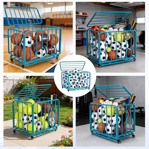 Folding Sports Equipment Organizer Storage Basket with Wheels and Lid Mobile Football Storage Basket for Garage Kindergarten