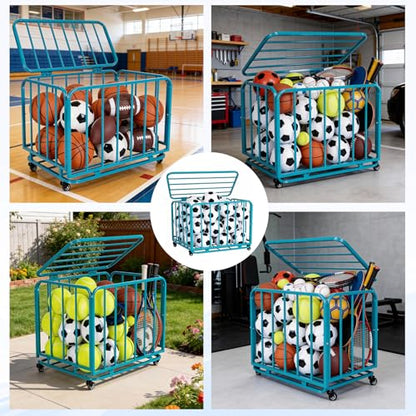 Folding Sports Equipment Organizer Storage Basket with Wheels and Lid Mobile Football Storage Basket for Garage Kindergarten