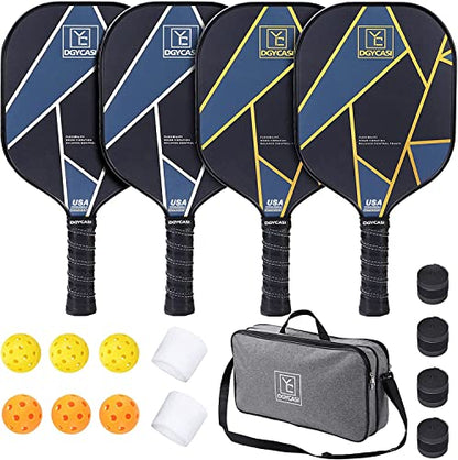 YC DGYCASI Pickleball Paddles Set of 4, USAPA Approved Pickleball Set, 4 Carbon Fiber Pickleball Rackets, 3 Outdoor Balls, 3 Indoor Balls, 4 Replacement Grip, 1 Bag for Women and Men