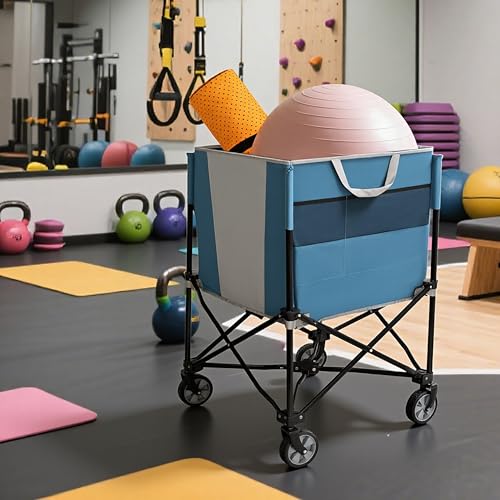 Blue & Gray Rolling Ball Collapsible Wagon, Collapsible Design, Steel Frame, Folding Camping Cart for Yard, Volleyball Basketball Tennis Toy Storage Multi-Sport Family Gym, 20x20x37 in