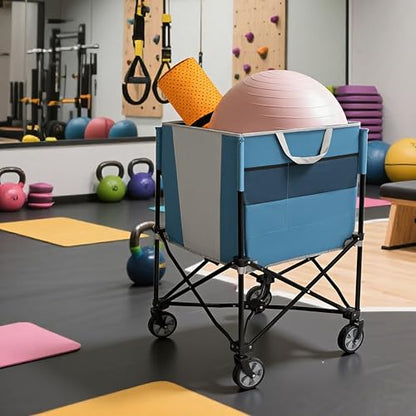 Blue & Gray Rolling Ball Collapsible Wagon, Collapsible Design, Steel Frame, Folding Camping Cart for Yard, Volleyball Basketball Tennis Toy Storage Multi-Sport Family Gym, 20x20x37 in
