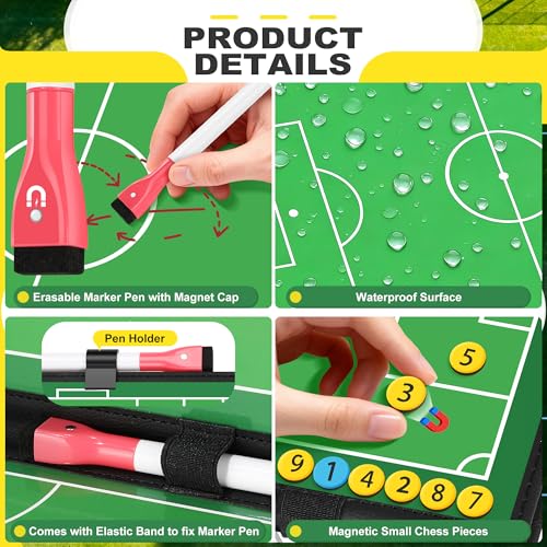 Soccer Coaching Board with Leather Cover, Magnetic Dry Erase Clipboard with Handle for Soccer Coaches | Foldable Full & Half Field Tactics Board with Markers and Clips - style: Soccer