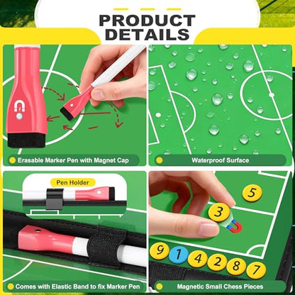 Soccer Coaching Board with Leather Cover, Magnetic Dry Erase Clipboard with Handle for Soccer Coaches | Foldable Full & Half Field Tactics Board with Markers and Clips - style: Soccer
