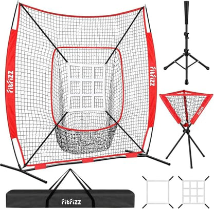 7x7 ft Baseball Net for Batting Pitching Hitting, Softball Pitching Net with Strike Zone, Tee, Ball Caddy, Softball Batting Net Baseball Training Equipment for Kids Adult Youth Sport Practice