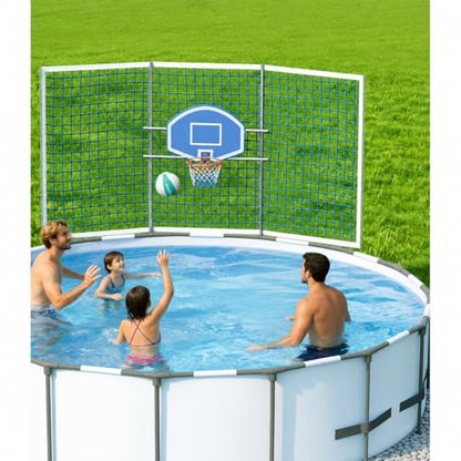 ECOPOOLTECH Pool Basketball Hoop with Backstop Net for Round Above-Ground Pools Only, Height Adjustable Thick PVC Backboard, Sturdy Stainless Steel Frame, Includes Basketball and Pump. - color: Light Blue