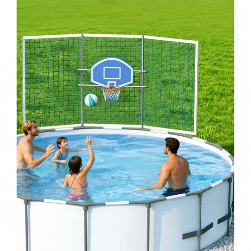 ECOPOOLTECH Pool Basketball Hoop with Backstop Net for Round Above-Ground Pools Only, Height Adjustable Thick PVC Backboard, Sturdy Stainless Steel Frame, Includes Basketball and Pump. - color: Light Blue