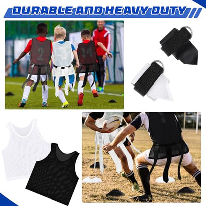 Wettarn 12 Player Football Flags and Belts Set Flag Football Set with Mesh Jersey Team Pinnies Cone Whistle Bag(White, Black)