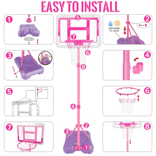 Kids Basketball Hoop with Stand, Adjustable Basketball Set, Toddler Basketball Toys for Boys Age 3 4 5 6 7 8, Indoor Outdoor Backyard Sport Game Gifts Pink - style: Pink Basketball Hoop