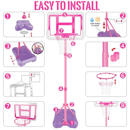 Kids Basketball Hoop with Stand, Adjustable Basketball Set, Toddler Basketball Toys for Boys Age 3 4 5 6 7 8, Indoor Outdoor Backyard Sport Game Gifts Pink - style: Pink Basketball Hoop