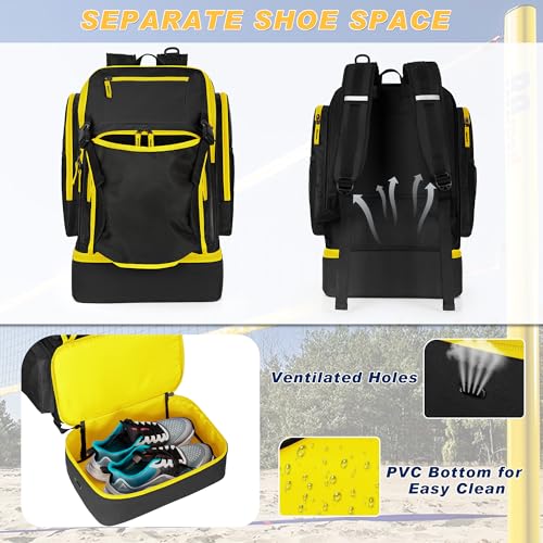 Volleyball Bag with External Ball Holder, Volleyball Backpack with Separate Shoe Space, Multiple Pockets and Adjustable Shoulder Strap for Soccer, Basketball and Gym Exercise - color: Black/Yellow