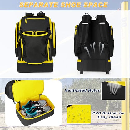 Volleyball Bag with External Ball Holder, Volleyball Backpack with Separate Shoe Space, Multiple Pockets and Adjustable Shoulder Strap for Soccer, Basketball and Gym Exercise - color: Black/Yellow