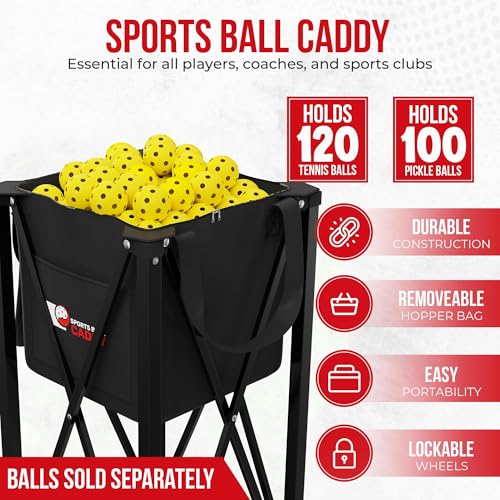 [2-in-1 Set] Tennis & Pickleball Hopper with Pickup Tube – Pickleball Caddy with Collapsible Metal Frame Ball Basket and Wheels & Carry Case – 120 Tennis Balls or 100 Pickleball Ball Holder (Pin)