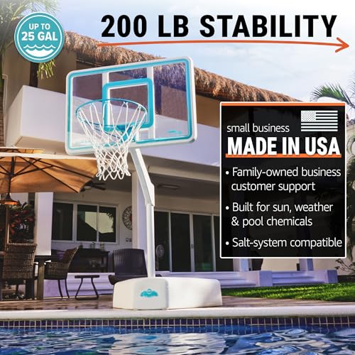 Dunn-Rite Splash & Shoot Pool Basketball Hoop, Adjustable Height Backboard – 200lbs Water-Filled Base, Stainless Steel Rim & Waterproof Basketball, Made in USA, Clear Aqua