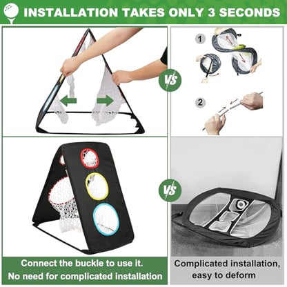 Golf Chipping Net: Ultra-Portable Dual-Sided Triple Target Training System with 400D Canvas for Indoor/Outdoor Backyard Practice – Includes Mat & Foam Balls & Golf Tees (Golfer Gift)