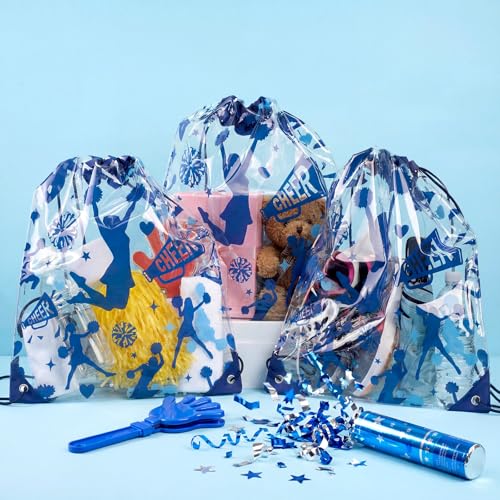 Cholemy 12 Pcs Clear Cheer Drawstring Bags for Cheerleaders 17 x 13 Inch, Transparent Sports Cheerleading Gift Goodie Treat Bags for Team, Waterproof String Backpacks for Girls Cheer Camp - style: Cheer Style