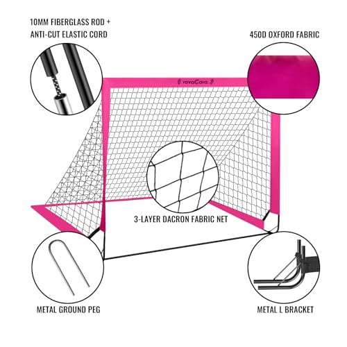 VavaCava 4'x3' Pink Kids Soccer Goal Set, 2 Portable Pop Up Soccer Goals for Backyard, 2 Size 3 Balls, 10 Cones, Pump, Carry Bag, Little Monster Keychain & SGS Certificate, Toddler Soccer Net