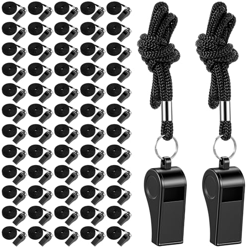 MAQUITA 60 Pcs Coach Whistle with Lanyard Lifeguard Whistles Bulk Plastic Sports Loud Referee Whistle for Coach Referees Training Emergency