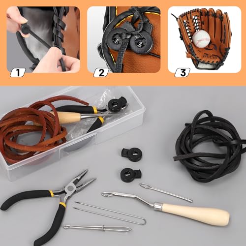 Tanstic 13Pcs Baseball Glove Relacing Kit, Softball Mitts Baseball Glove Care Kit Includes Leather Strips, Baseball Glove Lace Drawstring Threader, Glove Locks, Pliers, Lacing Tools with Storage Case