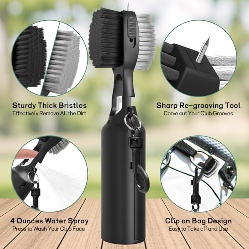 THIODOON 2 Pack Golf Club Brushes and Groove Cleaner 2 ft Retractable Zipline Carabiner Golf Brush Head with Retractable Spike Comfortable Grip Golf Club Cleaner - color: Pro Golf Club Brush