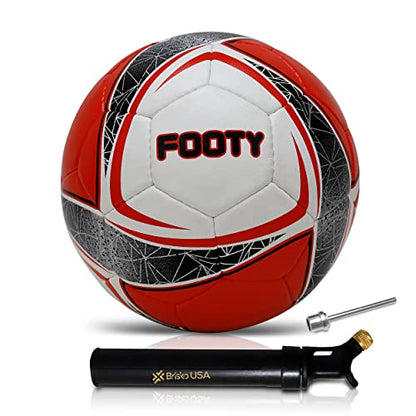 Footy - Size 5 Leather Soccer Ball with Pump - Professional Youth Training Ball - color: Red