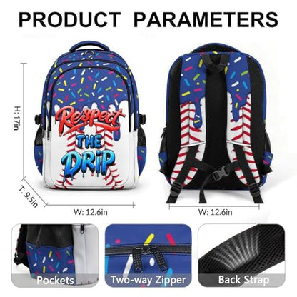 Kids Baseball Backpack Baseball Drip Bookbag, Cool 17 Inch Schoolbag for Elementary High Middle College Students - color: Navy Blue