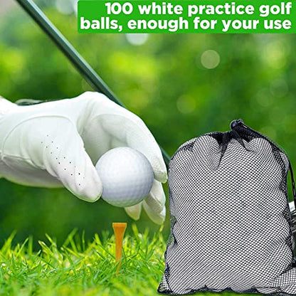 100 Pcs Training Golf Balls Hollow Golf Plastic Ball with Mesh Drawstring Storage Bags for Training, White