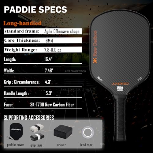Professional Pickleball Paddles- T700 Carbon Fiber Pickle Racket- 3K Raw Carbon Frosted Surface for Enhanced Spin and Friction - USAPA Approved Offensive Long Paddle for Intermediate Advanced Players - color: Black - Orange