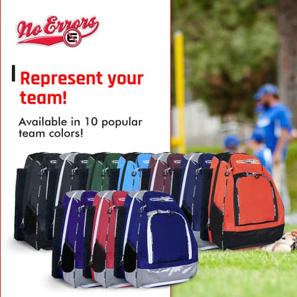 No Errors Sports RBP Rookie Baseball and Softball Backpack - Youth Baseball and Softball Bat Bag with Fence Hooks - Baseball and Softball Equipment Bag for Kids - color: Black/Silver