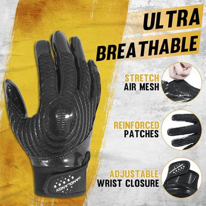 HANDLANDY Youth Football Gloves, Kids Sticky Receiver Gloves,Super Grip Football Glove Best Gift for Boys,Girls - color: Dark Black, size: X-Small-Youth