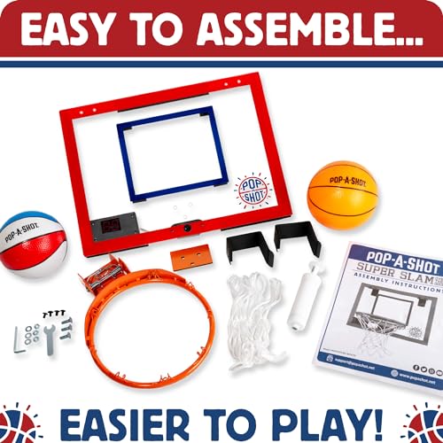 Pop-A-Shot Super Slam Over The Door Mini Basketball Hoop for Adults | 2 Included Basketballs and Pump | Built for Dunks | Breakaway Rim | Shatter Resistant Backboard | 17x12.5 Inches