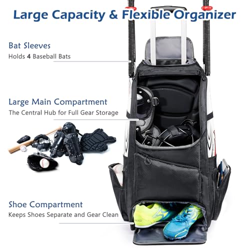 Large Rolling Baseball Catchers Gear Bag with Wheels, Softball Bag with Hard Backing for 4 Bats,Equipment Bag with Separate Shoe & Helmet Compartments, Youth Baseball Bag with 360° Spinner Wheels - color: Black - Style A - Integrated Rolling System, size: