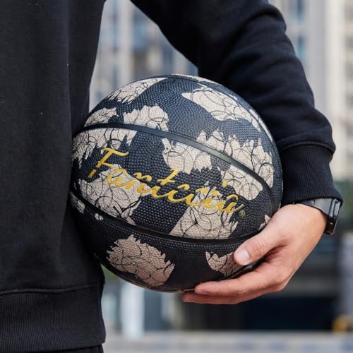 Size 5 Basketball, Rubber Indoor Outdoor Basketball for Youth & Junior Players, Black with Circle Line Pattern