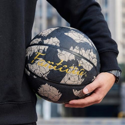 Size 5 Basketball, Rubber Indoor Outdoor Basketball for Youth & Junior Players, Black with Circle Line Pattern
