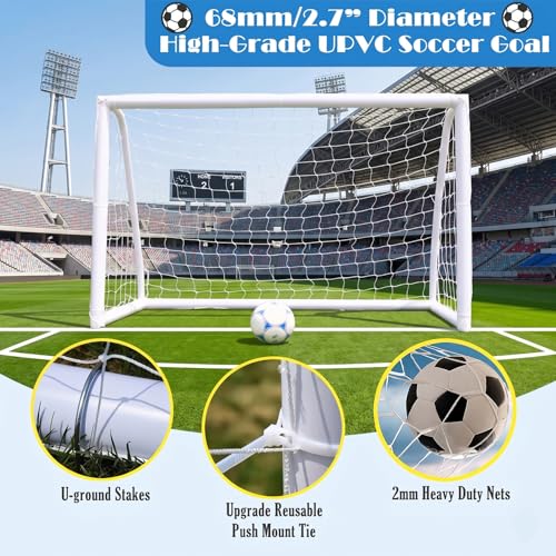 EGREE Portable Soccer Goal for Backyard - 12x6FT/8x6FT/6x4FT Heavy Duty Football Net Goals for Adults & Youth Training, Outdoor PVC Soccer Goal Post with Weatherproof UPVC Frame & Ground Stakes, White