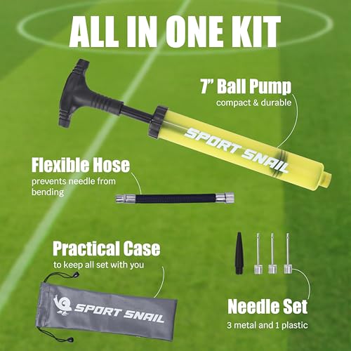 Hand Pump for Balls - Portable Ball Air Pump with Needle 3 pcs and Compact Case - Small Sports Inflator - Volleyball, Soccer, Basketball - Manual Inflation Devices (Yellow)