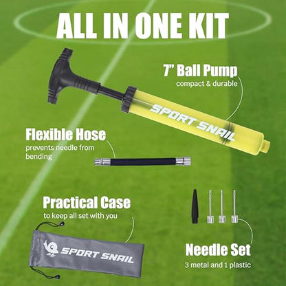 Hand Pump for Balls - Portable Ball Air Pump with Needle 3 pcs and Compact Case - Small Sports Inflator - Volleyball, Soccer, Basketball - Manual Inflation Devices (Yellow)