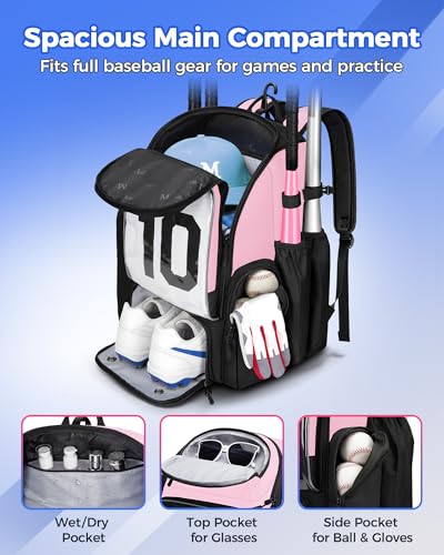 MATEIN PRO Softball Equipment Backpack with Clear Display Window & Folding Board, Large Capacity Baseball Bag with Separate Cleat Compartment & Side Cooler Pocket, Softball Gear Bag for Youth & Adult - color: Light Pink