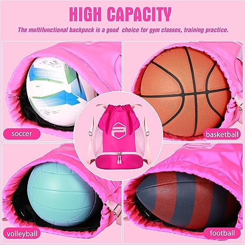 Soccer Ball Bags, Drawstring Basketball Backpack for Sport Training with Ball Shoe Dry and Wet Compartments(Pink)
