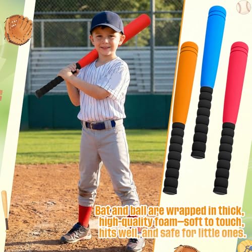 Wettarn 4 Pcs 16.5" Foam Baseball Bat with Balls Kids Soft Mini Foam Baseballs T Ball Bat Gift Set for Outdoor Indoor Sport Game Beginners Practice Playing Training (Red, Blue, Orange) - size: 16.5 Inch