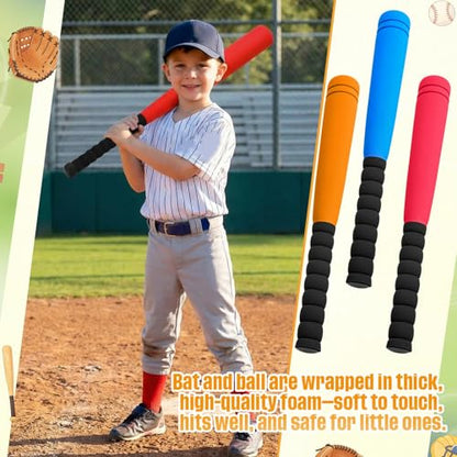 Wettarn 4 Pcs 16.5" Foam Baseball Bat with Balls Kids Soft Mini Foam Baseballs T Ball Bat Gift Set for Outdoor Indoor Sport Game Beginners Practice Playing Training (Red, Blue, Orange) - size: 16.5 Inch